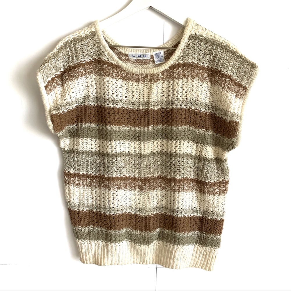 L.O.H Vintage Cream and Brown Striped Knit Sleeveless Sweater